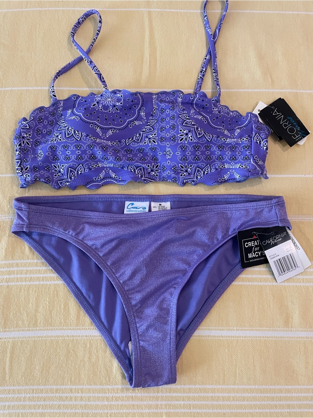 California Waves Lavender Bandana Print Bandeau Bikini Top with Sparkly Bottoms